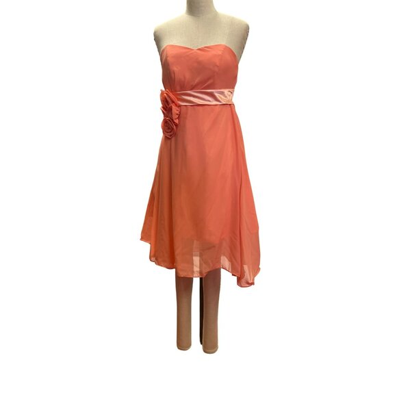 Strapless Coral Chiffon Dress With Satin Sash Rosette Detail Custom Made Homecom - Picture 2 of 5